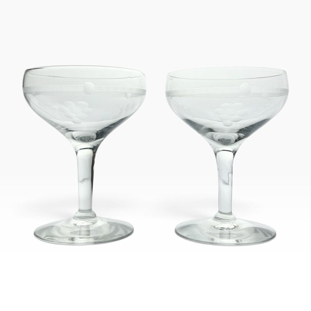 1950s Vintage Pair of Etched Coupe Champagne Glasses 4 1/2” 6oz Grape Cluster